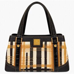 DAKS Plaid Satchel Top Handle Bag Zip Closure Gold Hardware Double Handles